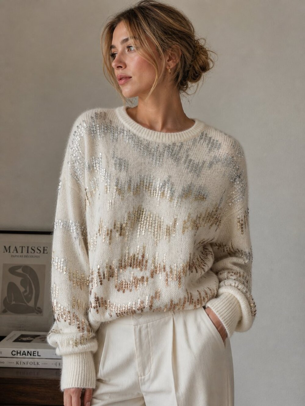 Vintage NILANI Angora Silk Sequin Sweater Ivory Glam Knit Pullover Women’s M